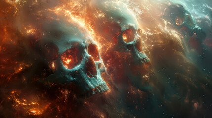 Skulls in space nebulae, afterlife, bad hallucinogenic trip concept - obrazy, fototapety, plakaty