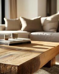 Close up of a coffee table in a living room with sofa in the background - 780614389