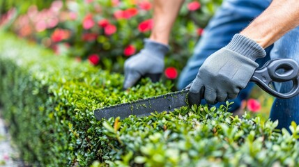 Skilled hands trim and shape lush garden hedges, creating a neat and orderly landscape with precision.