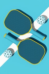 Pickleball sport equipments. Top view of rackets and balls on blue court. 3d illustration, rendering. Background for sport postcard, flyer, poster.