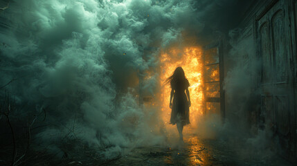 Silhouette of a woman in burning house - nightmare, bad dream concept