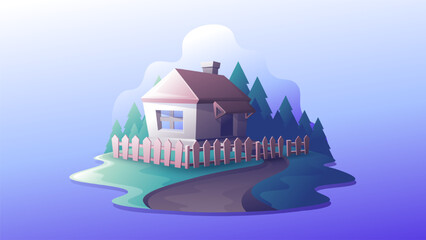 Simple hut on forest background. Real estate in nature isolated logo.