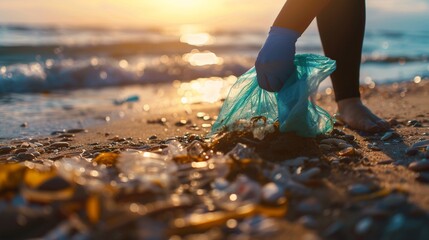 A person participating in a beach cleanup, collecting plastic waste and debris to protect marine life and ecosystems.