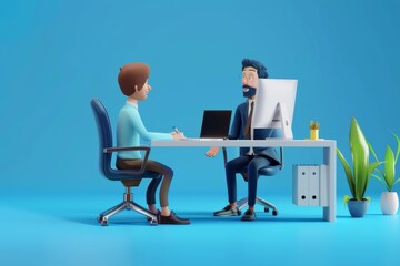 Cartoon Couple Figurines Discussing at Desk