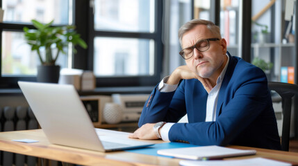 Naklejka premium Tired and stressed out manager nodding off in his workplace, laziness of chronic fatigue