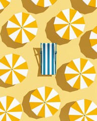 Top view of orange umbrellas with one blue beach chair on sandy color background. Summer vacation concept. 3d rendering, illustration.