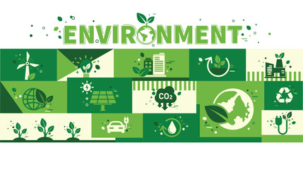 Fototapeta na wymiar World environment and sustainable development concept with ecology icons and symbols on green background banner, vector environment, eco friendly, green technology isolated vector in flat style.