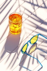 Exotic fruit mocktail with ice cubes in a glass. Refreshing summer beverage and sunglasses with sunny shadow on wooden table. Summer vacation concept.