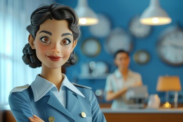 Cartoon Female Receptionist Standing at Counter