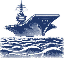 vector monochrome engraving of a large aircraft carrier sailing on the sea - obrazy, fototapety, plakaty