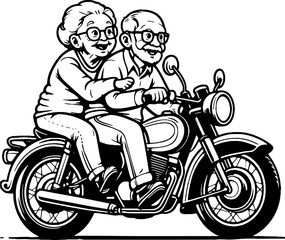 elderly couple riding a motorcycle in coloring book vector illustration