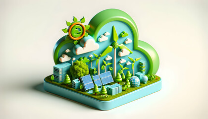 3D Icon: Renewable Cloudscape Power - Transform Your Cloud with Green Energy Landscape | Zero Carbon Cloud Computing Theme - Isolated White Background