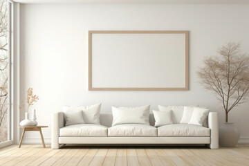 Fototapeta na wymiar Pure white frame against beige and Scandinavian backdrop, hinting at a modern living room with plain walls, wooden floor, and a touch of nature.