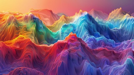 3D render of a colorful landscape made from thousands of vertical 2D stripes, with a gradient background and intricate details creating a depth effect
