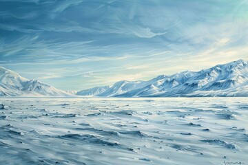 Tundra landscape along with vast stretches of snow and ice - obrazy, fototapety, plakaty