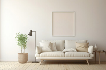 Pure white frame against beige and Scandinavian backdrop, unveiling a modern living room's essence...