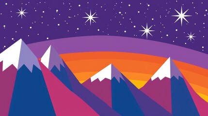 A colorful illustration of mountains under the starry sky, inspired in the style of Alex Curtain and simple lines, flat colors, purple background, orange stripes and purple stripes - obrazy, fototapety, plakaty