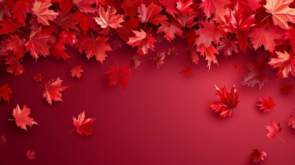 An red background decorated with lively maple leaves creates a warm and inviting atmosphere. Reminiscent of the cozy atmosphere of autumn. With plenty of space for text
