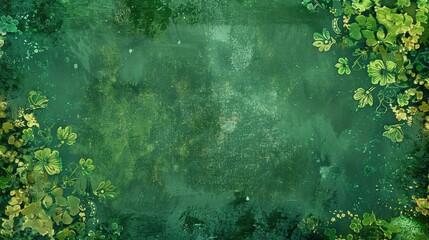 A green background with an abstract pattern, featuring small flowers and leaves in shades of emerald and lime green. The edges have distressed textures that give it an old-fashioned feel - obrazy, fototapety, plakaty