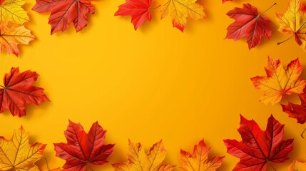 Naklejka na ściany i meble An yellow background decorated with lively maple leaves creates a warm and inviting atmosphere. Reminiscent of the cozy atmosphere of autumn. With plenty of space for text