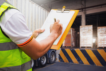 Worker Holds A Clipboard and Inspects A Package Loading Boxes at A Distribution Warehouse. Delivery Shipment to Customers. Supplies Warehouse Shipping, Freight Truck Logistic Transport.