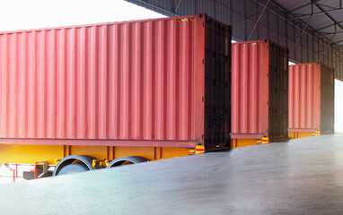 Container Trucks Parked Loading at Dock Warehouse. Cargo Container Shipping. Distribution Warehouse. Supply Chain, Shipment Boxes. Freight Truck Logistics, Cargo Transport.