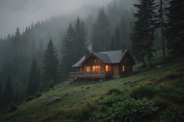 A cozy cabin in the mountains, surrounded by mist and fog as the rain pours down outside