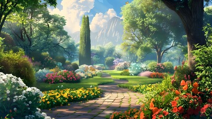 Tranquil Garden Oasis with Vibrant Flowers, Towering Trees, and Serene Walkways - obrazy, fototapety, plakaty