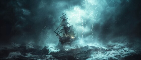 Naklejka premium A pirate ship navigating turbulent waves under a dark and ominous sky, with lightning striking in the distance ,3DCG,high resulution,clean sharp focus