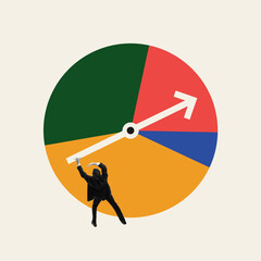 Visual metaphor for business efficiency and optimization. Man and clocks hand showing time...
