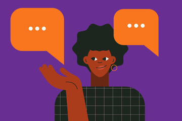 Black woman with a speech bubble. Expressing opinion, communication concept. Portrait of a beautiful african girl talking, saying. Attractive female face. Flat vector illustration