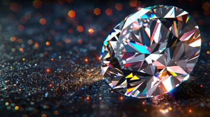  A close-up of a shiny, intricately cut diamond on a dark background. 