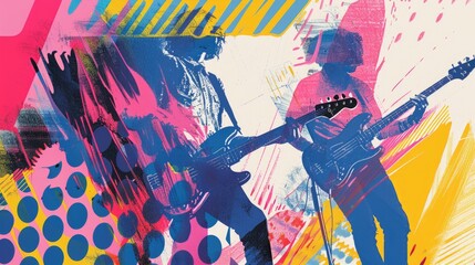 Person playing electric bass guitar. Abstract colorful music illustration.