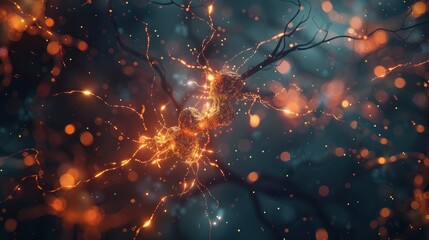 A vibrant, detailed illustration of an active neurons network with glowing bullseye-like structures and bright sparks against a dark background - obrazy, fototapety, plakaty