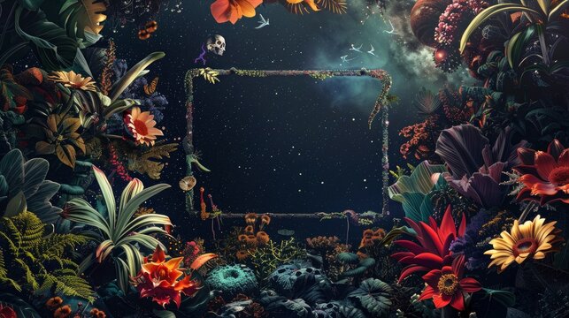 A vibrant digital art piece depicting an alien jungle with exotic, multicolored plants and creatures, set against the dark backdrop of space. The scene includes various flowers