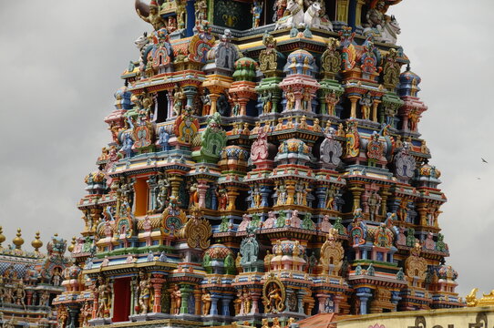 Detail of colourful Gopuram in Meenakshi Temple, Madurai, Tamil Nadu, India