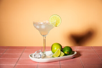 Margarita, alcoholic cocktail with lime, silver tequila, ice cubes and salt in tall glass. Pink...