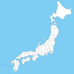 日本の47都道府県、島を省略したシンプルな日本地図、白地図 - obrazy, fototapety, plakaty