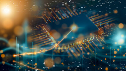 Fototapeta premium Digital economy visualized with rising graphs and currency, techno-financial environment.