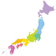 日本の47の都道府県、島を省略したシンプルな日本地図、地方ごとに色分け - obrazy, fototapety, plakaty