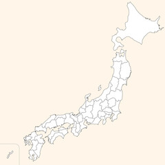日本の47都道府県、島を省略したシンプルな日本地図、淡い色の白地図