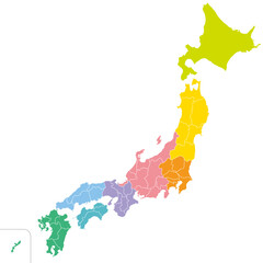 日本の47の都道府県、島を省略したシンプルな日本地図、地方ごとに色分け