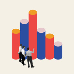 Three businessmen standing near multicolored bar charts and talking. Contemporary art collage. Strategic planning and decision-making process. Concept of business, analytics, cooperation, teamwork