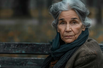 Emotive portrait of a senior european woman with silver hair, wrapped in a deep blue shawl. Solidute in ages, sad and sorrowful - Powered by Adobe