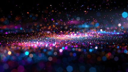 abstract background of many small particles, forming the shape of an exploding star or black hole with colorful lights and bokeh effects. In the center is dark space - obrazy, fototapety, plakaty