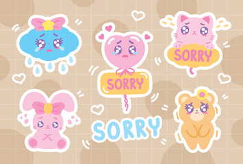 Obraz premium cute kawaii style hand drawn cartoon graphic element vector set in feeling sorry concept