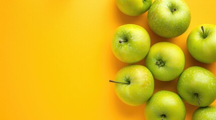 Fresh Green Apples with Water Drops on Yellow Background