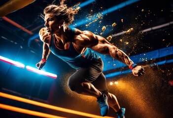 Fototapeta na wymiar illustration, dynamic athlete demonstrating power agility motion, action, strength, fitness, exercise, muscular, sport, movement, workout, active