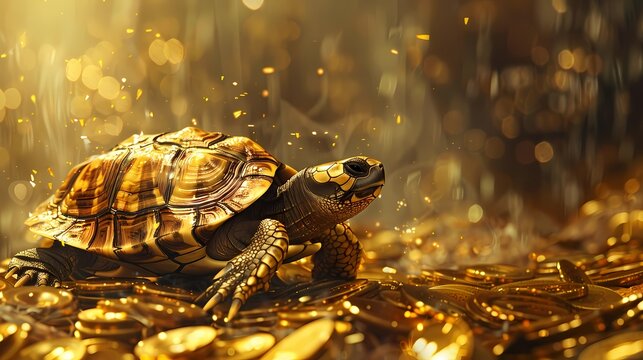 Digital gold coin turtle dream scene poster background
