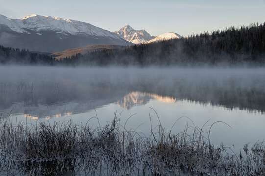 Mount Fitzwilliam at Pyramid Lake in Autumn with snow and morning mist, Jasper National Park, UNESCO World Heritage Site, Alberta, Canadian Rockies, Canada